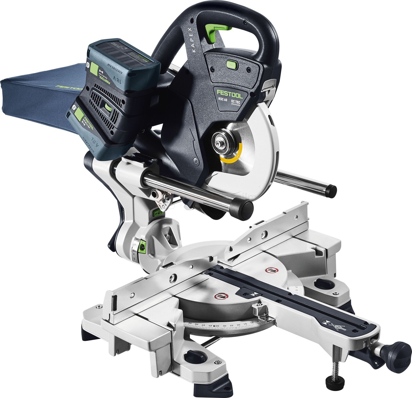 Pildil on Festool akumiiusaag KAPEX KSC 60 EB 5,0 I-Plus, mis on nähtav sae, aku ja tööpinna detailidega.
