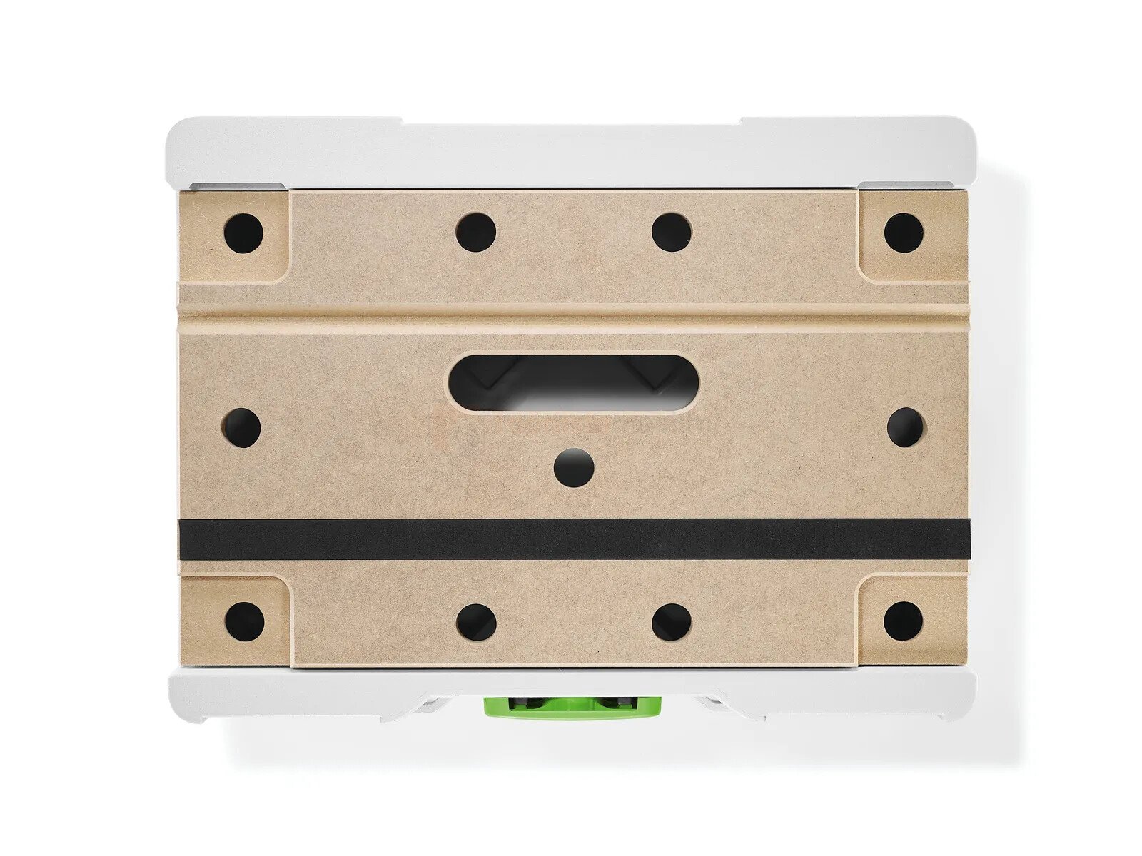 Pildil on Festool mobiilne tööpink-Systainer³ SYS3-MFT M 112, millel on näha tööpinna augud, kummiriba ja integreeritud...