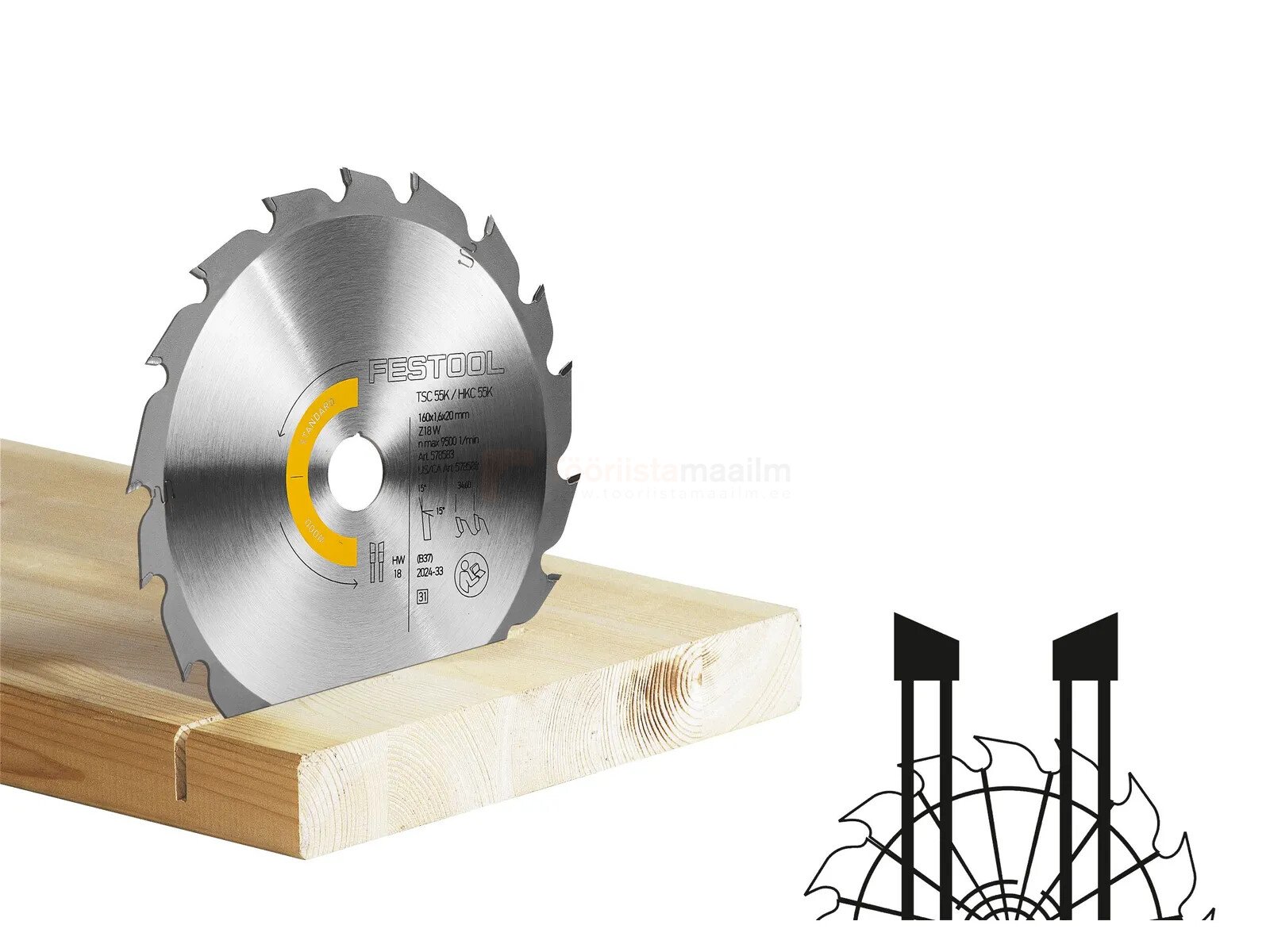 Pildil on Festool saeketas WOOD STANDARD HW 160x1,6x20 W18, mis on paigaldatud puidutüki sisse.