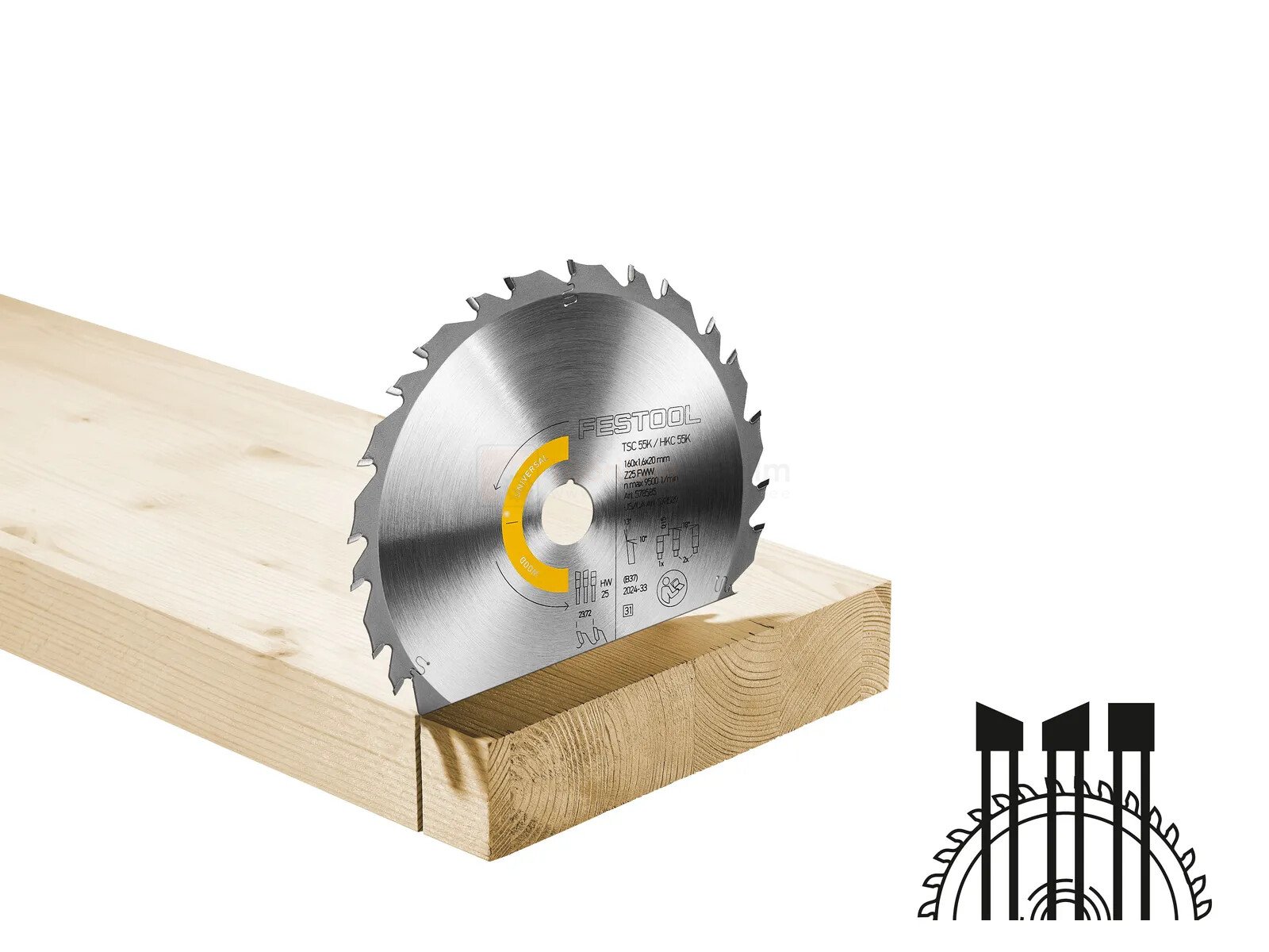 Pildil on Festool saeketas WOOD UNIVERSAL HW 160x1,6x20 FWW25, mis on paigutatud puidutüki sisse lõikamiseks.