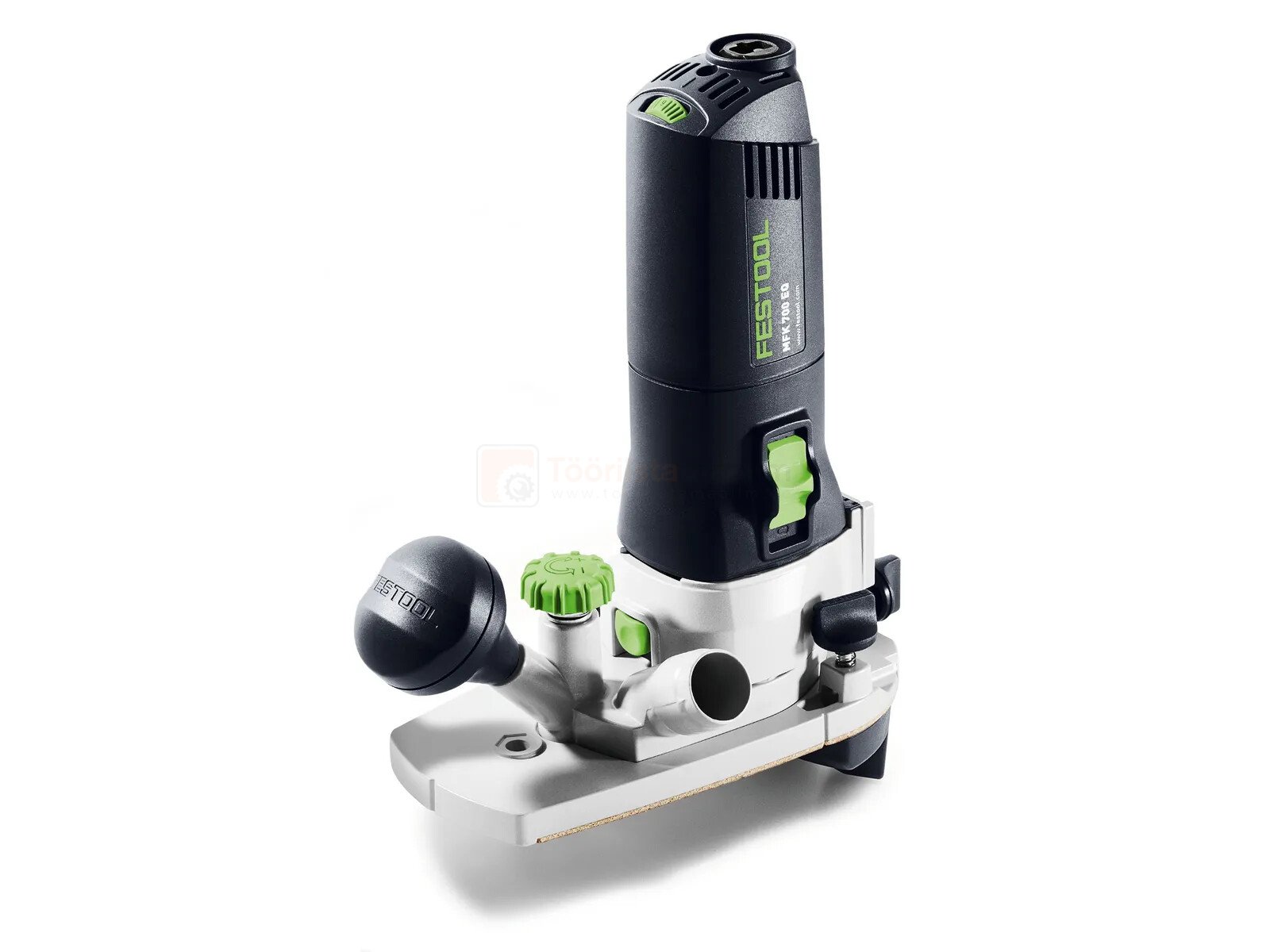 Pildil on Festool moodul servafrees MFK 700 KA EQ-Plus, mis on musta ja rohelise värviga ning millel on alus, käepide ja...