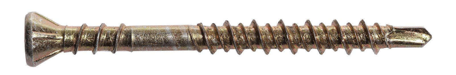 Pildil on HAMMERJACK põrandalaua kruvi 3,9 mm, kollane Zn + otsak, millel on kooniline pea ja terav ots.