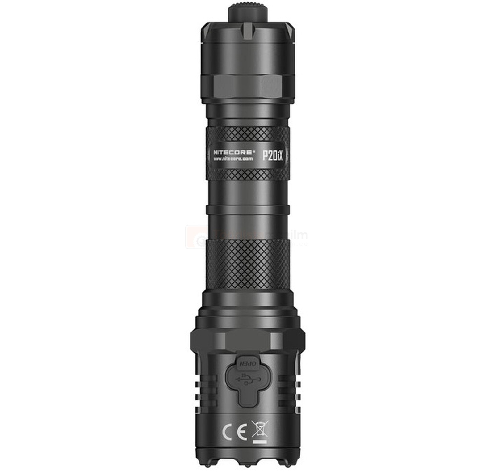 Pildil on must NITECORE P20iX taskulamp, millel on näha laadimispistik ja tekst "P20iX".