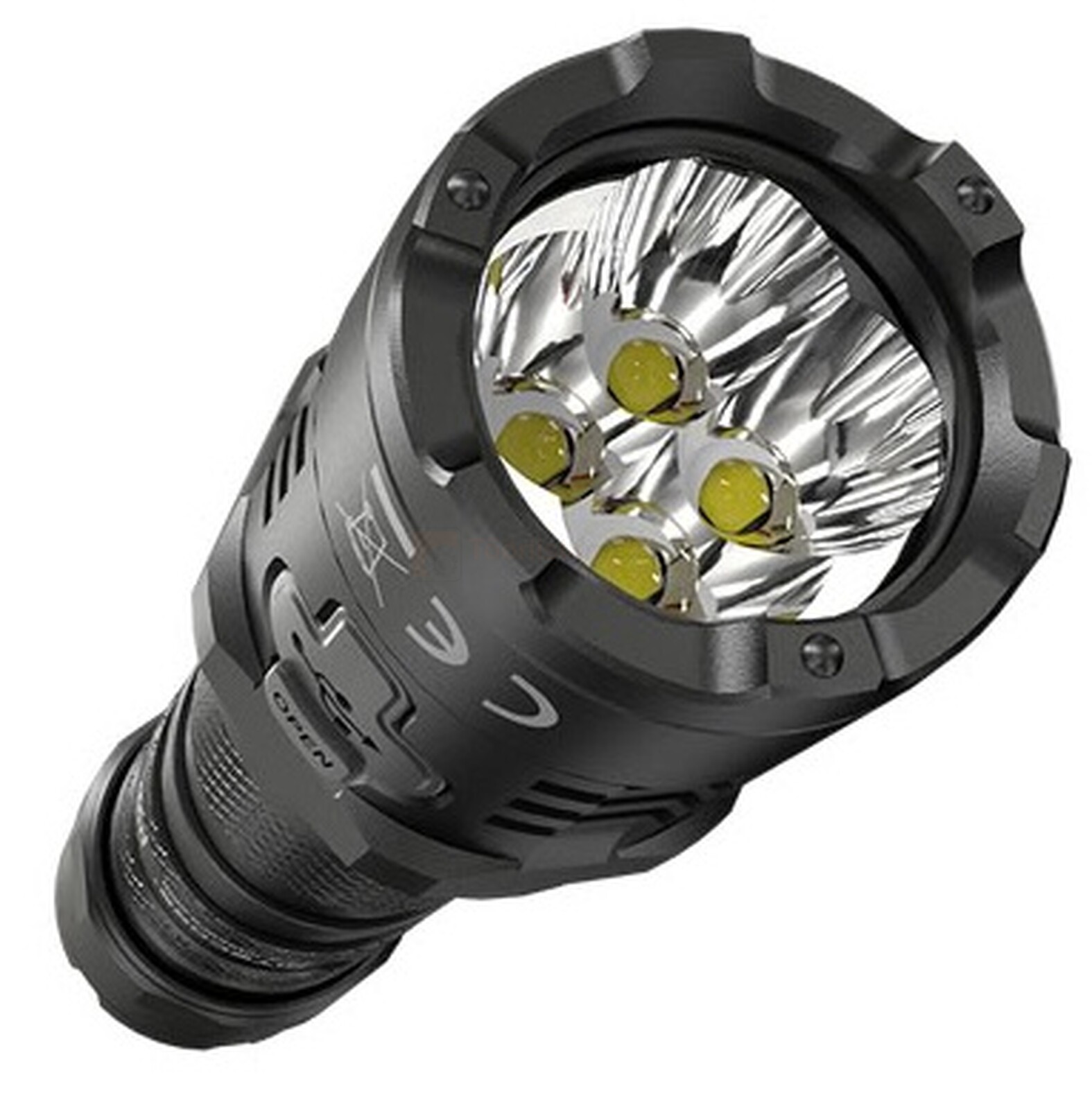 Pildil on NITECORE P20iX taskulamp, millel on neli LED-i ja mis paistab olevat võimas valgusallikas.