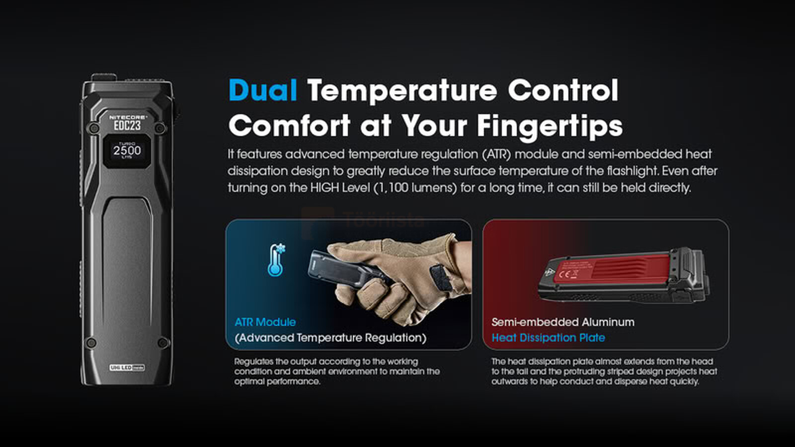 Pildil on Nitecore EDC23 taskulamp, millel on näidatud temperatuuri reguleerimise funktsioonid ja tehnilised andmed.