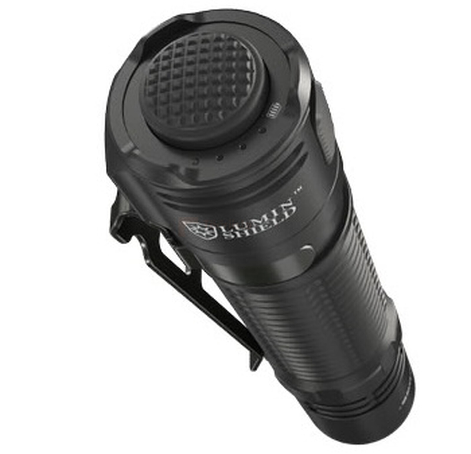 Pildil on must Nitecore EDC31 taskulamp, millel on suur nupp, külge kinnitatud taskuklamber ja tekst "LUMIN SHIELD".