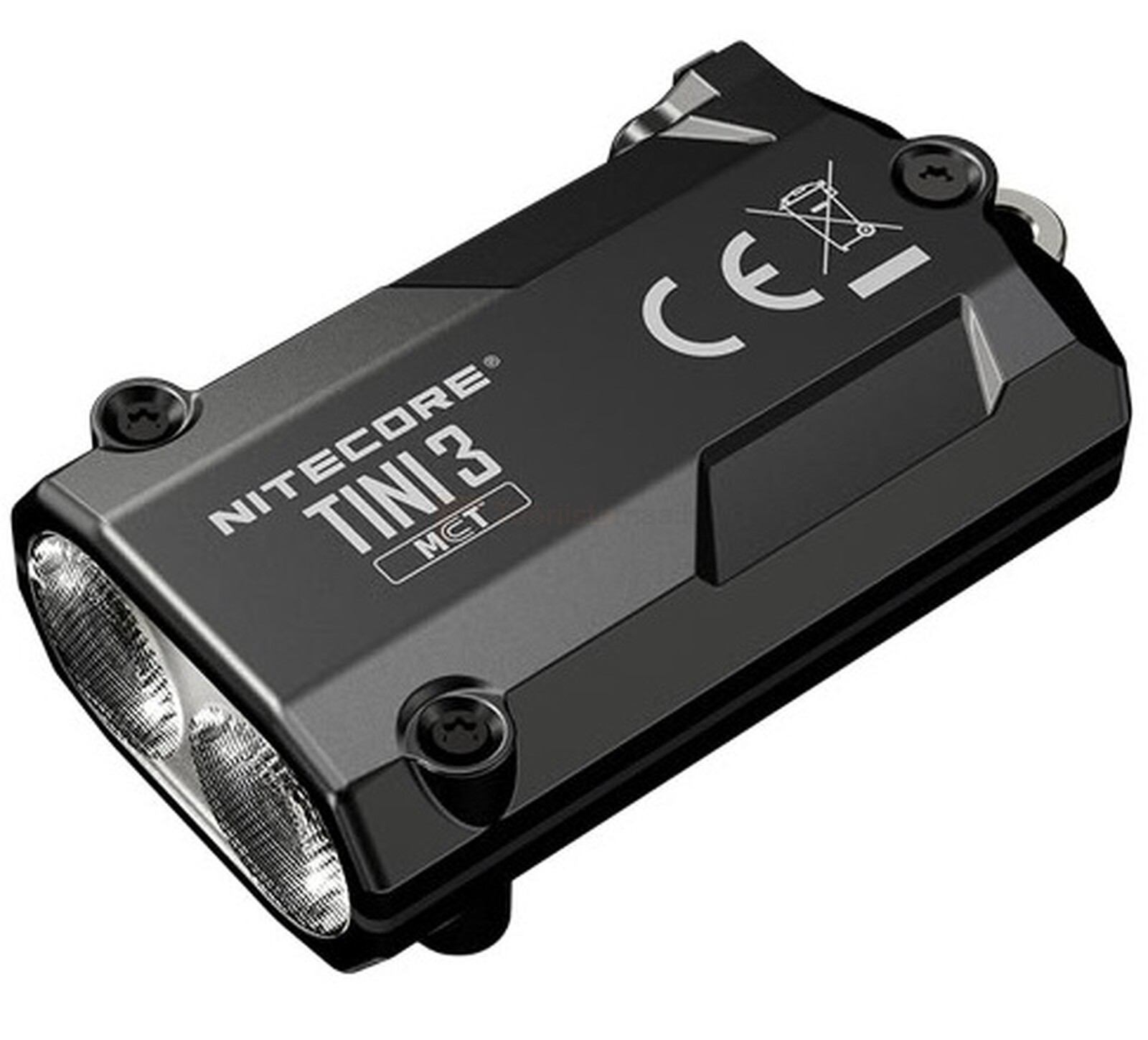 Pildil on must NITECORE taskulamp-võtmehoidja TINI-3, millel on kaks valgusallikat ja mis suudab genereerida kuni 600...
