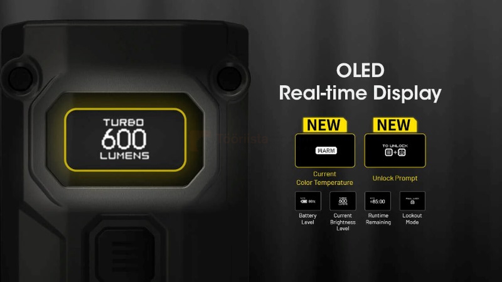 Pildil on NITECORE TINI-3 taskulamp-võtmehoidja, millel on OLED reaalajas ekraan, mis näitab valgustugevust, aku taset ja...