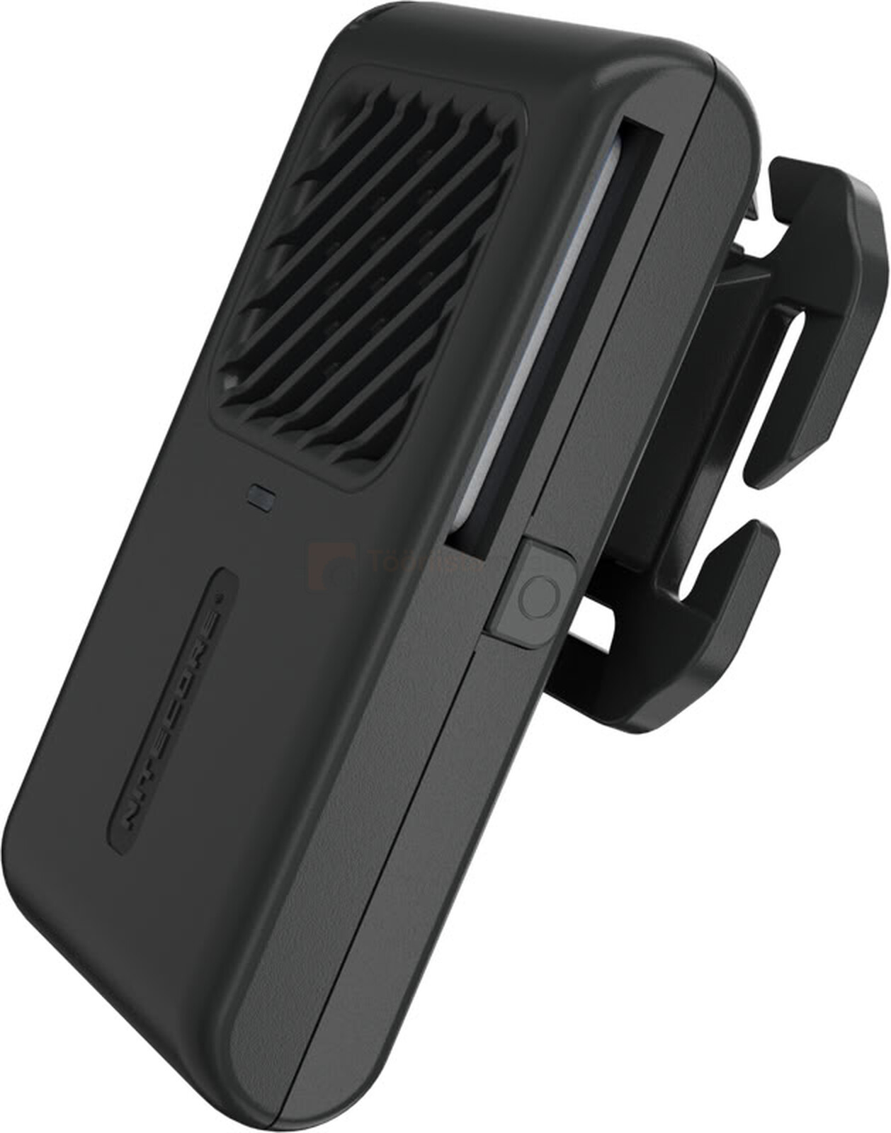 Pildil on must Nitecore EMR06 elektrooniline sääsetõrjevahend, millel on küljel kinnitusklamber ja peal õhutusavad.