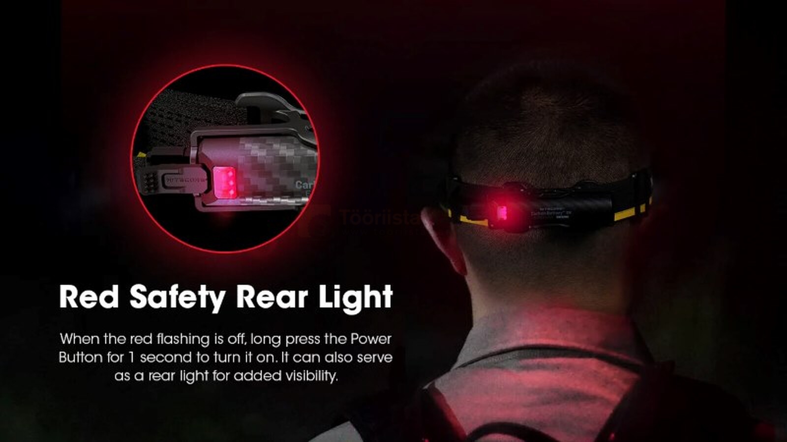 Pildil on näha NITECORE pealamp, millel on punane tagatuli, mis on mõeldud ohutuse tagamiseks.