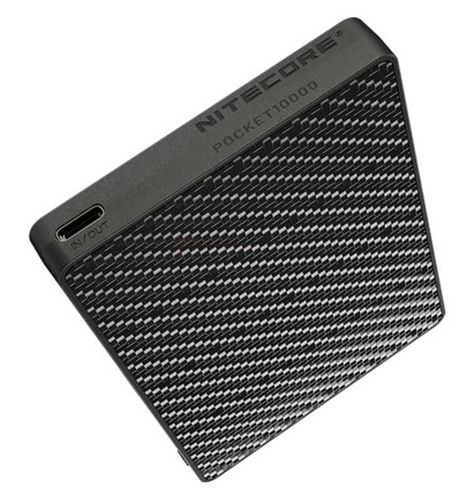 Pildil on NITECORE Pocket 10000 akupank, millel on USB-C port ja süsinikkiu mustriga korpus.