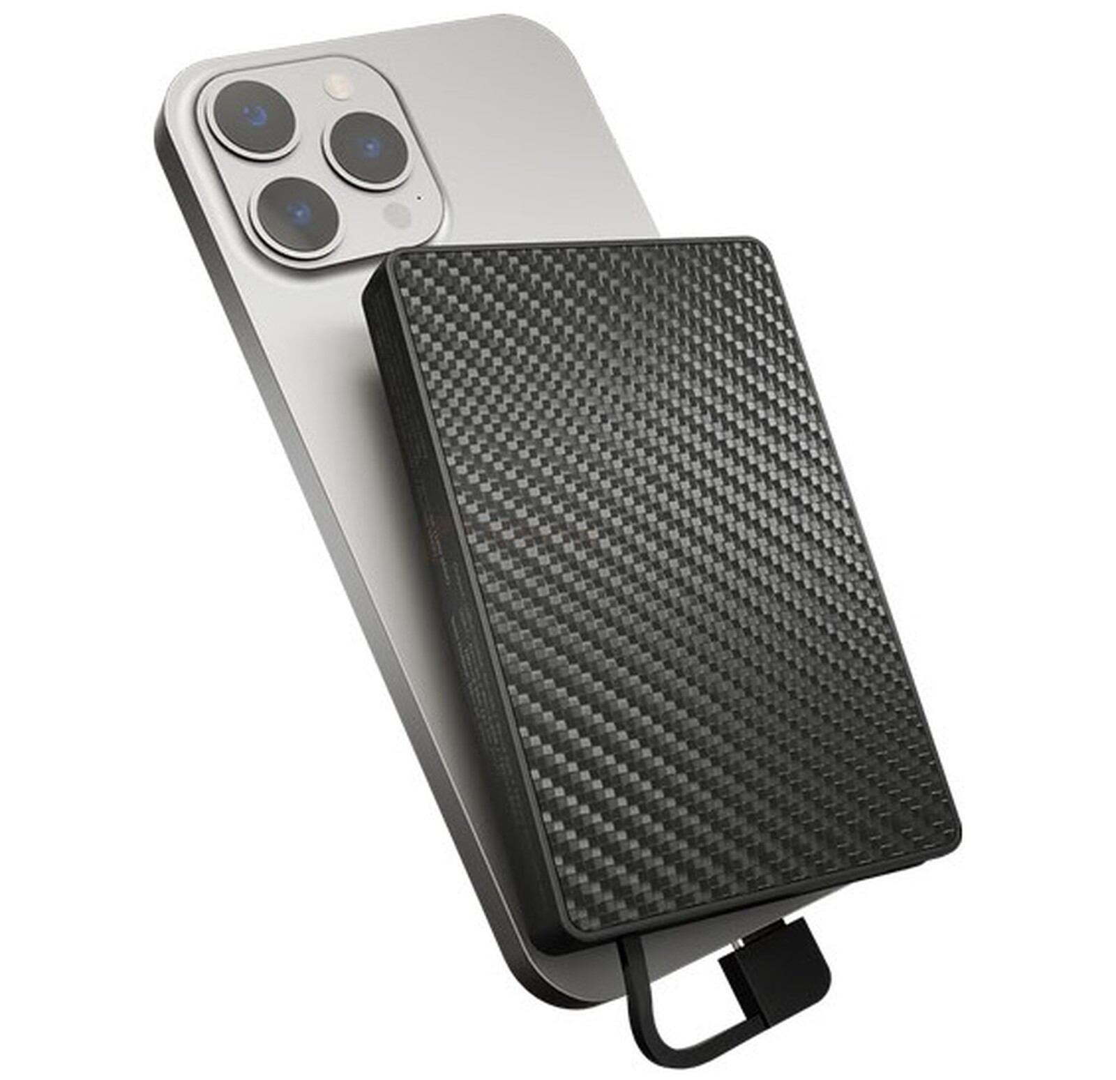 Pildil on Nitecore Pocket 10000 USB-C akupank, millel on integreeritud USB-C laadimiskaabel, mis on kinnitatud iPhone'i...