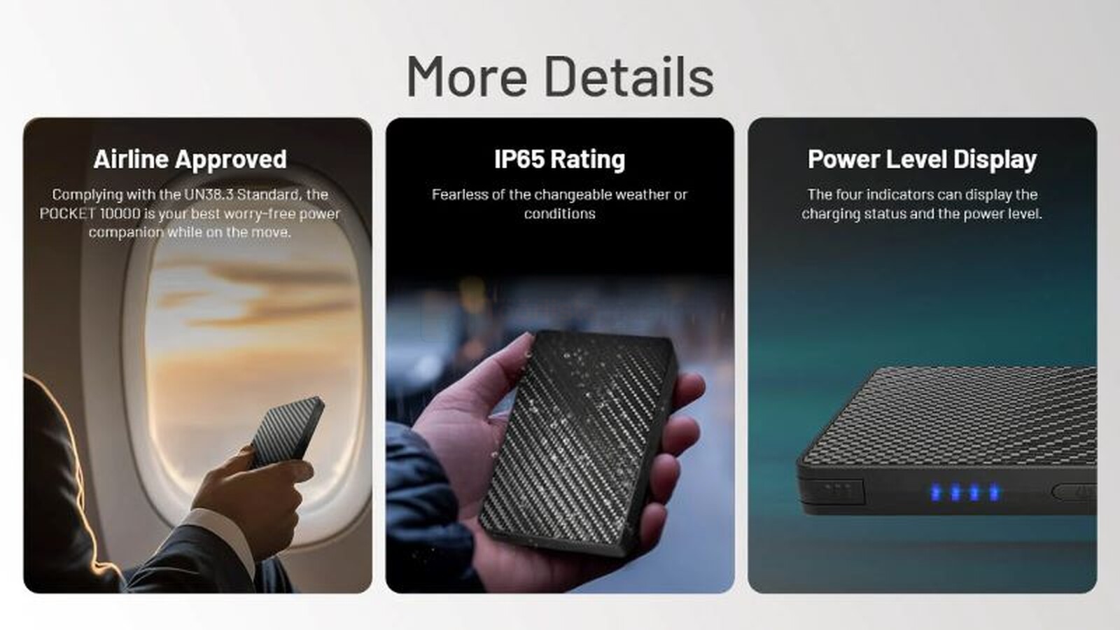 Pildil on Nitecore Pocket 10000 USB-C akupank, mis on näidatud lennukis, käes ja koos nelja indikaatoriga, mis näitavad...