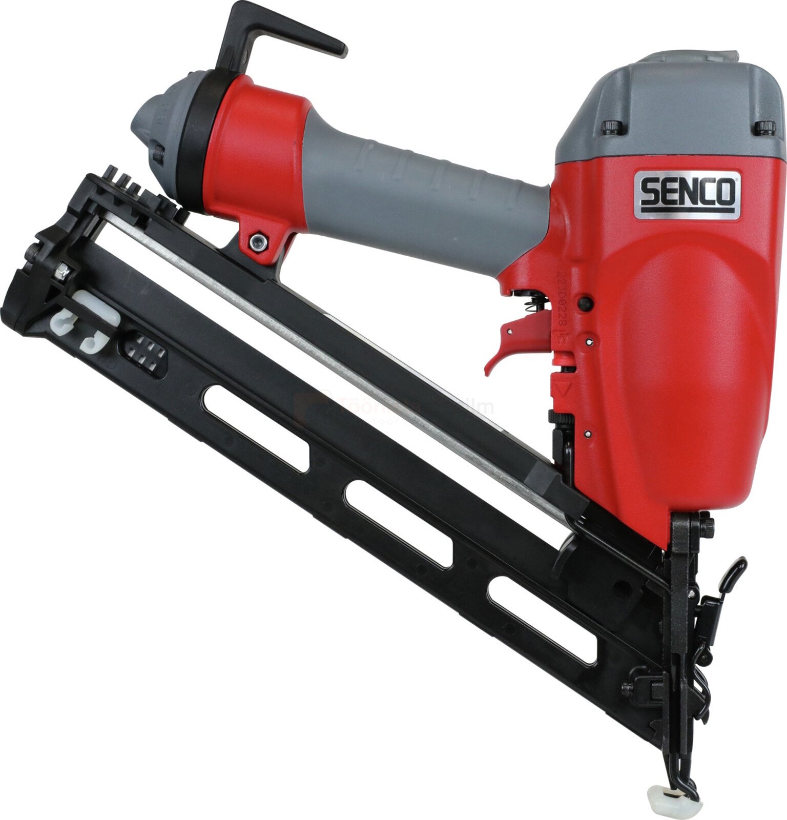 Pildil on punane ja hall SENCO FinishPro35Mg liistunaelapüstol, millel on musta värvi salv naelte jaoks.