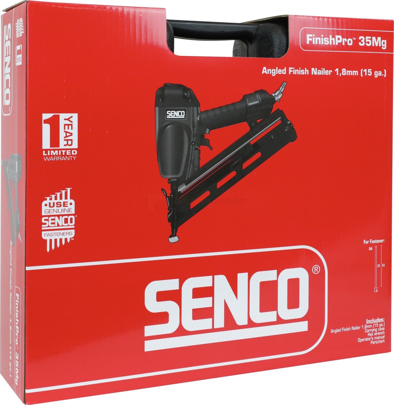 Pildil on punane karp, millel on must SENCO FinishPro35Mg liistunaelapüstol.