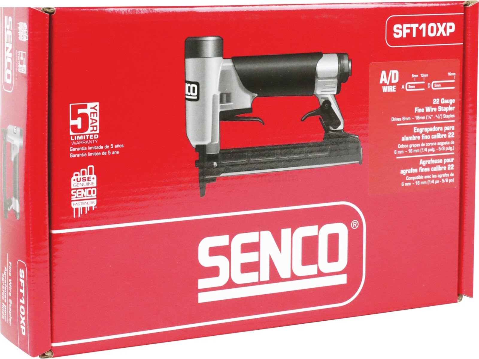 Pildil on punases karbis SENCO klambripüstol SFT10XP-A/D, millel on näha toote pilt ja tootja logo.