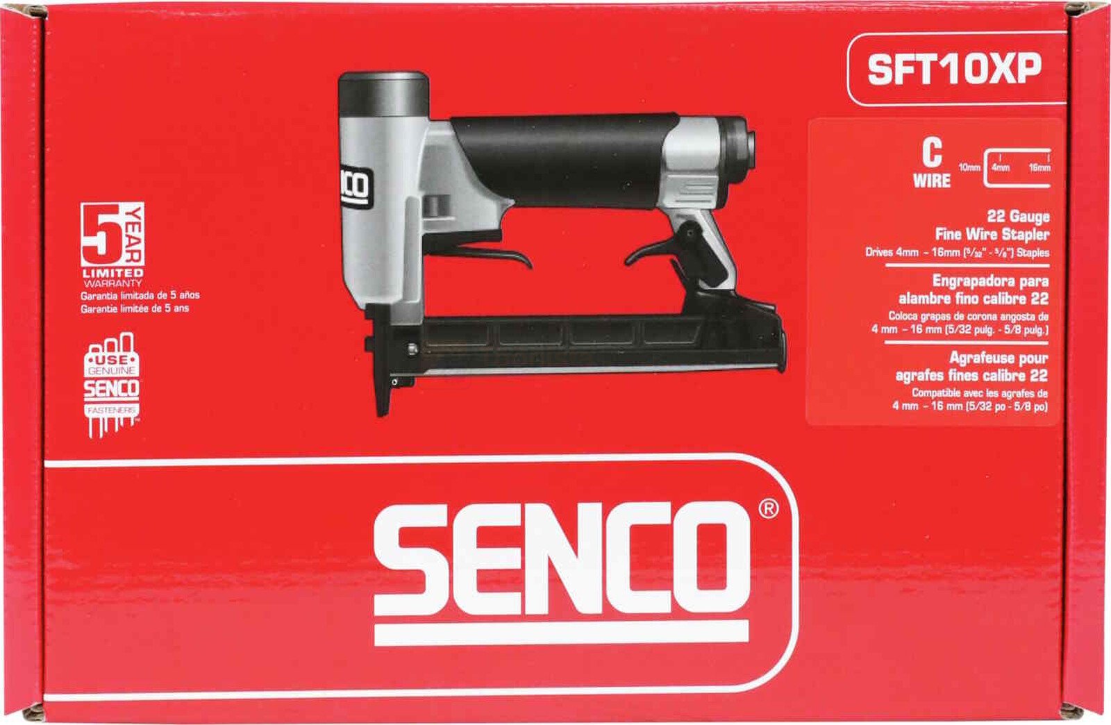 Pildil on SENCO klambripüstoli SFT10XP-C karp, millel on näha toote pilt ja tehnilised andmed.