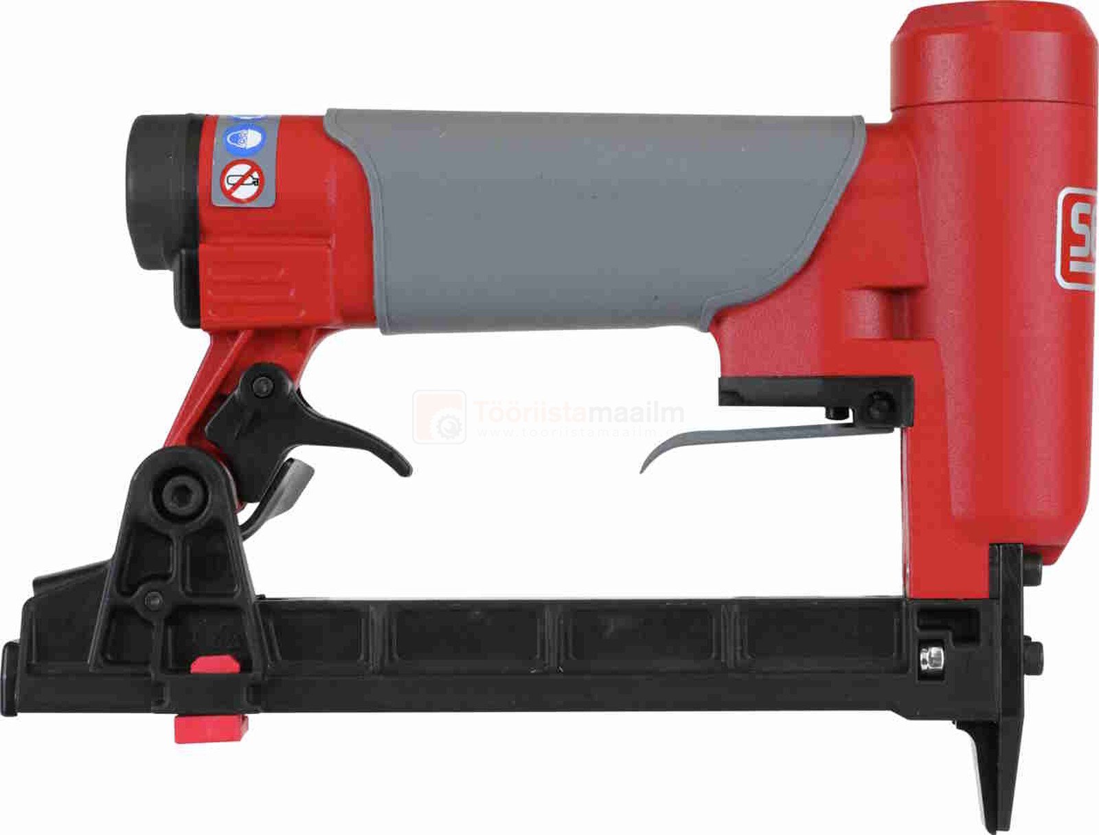 Pildil on punane ja hall SENCO SFT10XP-F klambripüstol, millel on mustad detailid ja mis on mõeldud klambrite kinnitamiseks.