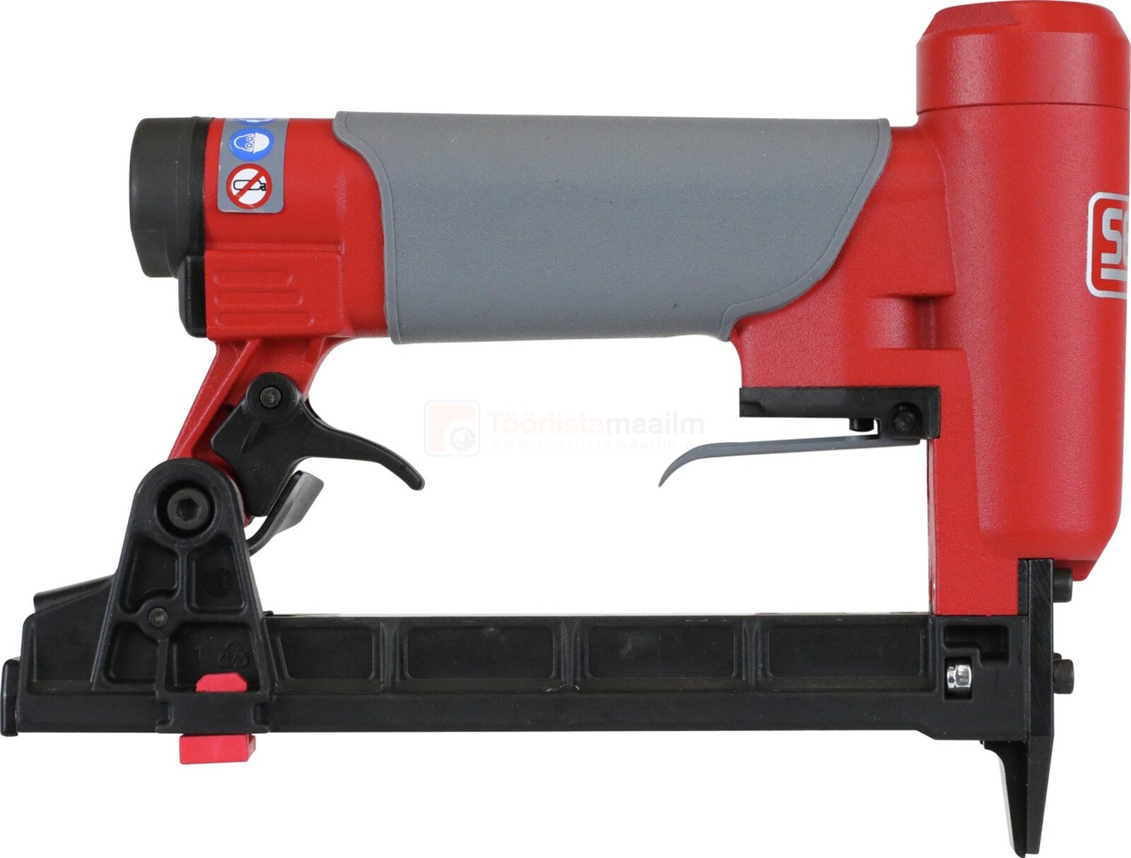 Pildil on punane ja hall SENCO klambripüstol SFT10XP-G, millel on mustad detailid ja mis on mõeldud klambrite kinnitamiseks.