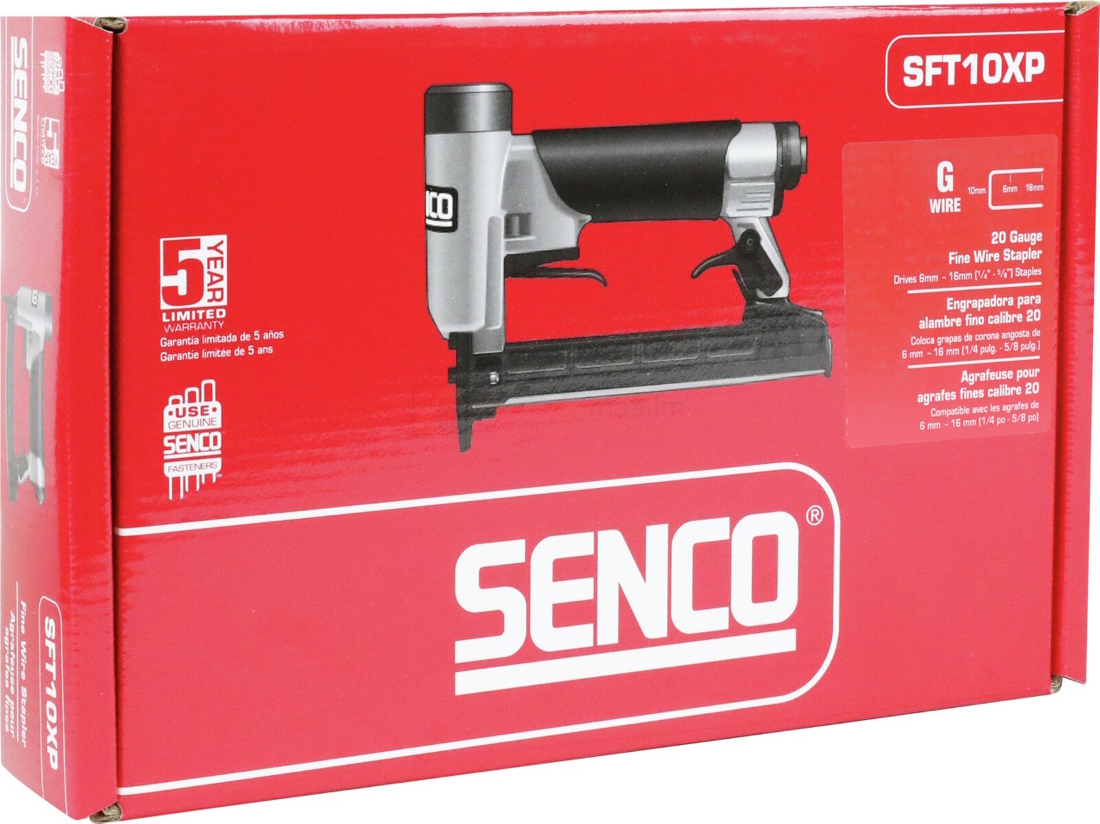 Pildil on punases karbis SENCO klambripüstol SFT10XP-G, millel on peal toote pilt ja tehnilised andmed.