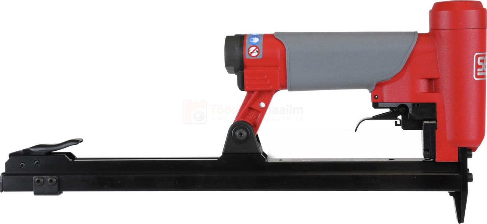 Pildil on punane ja hall SENCO SFT10XP-AT klambripüstol, mis on mõeldud klambrite kinnitamiseks.