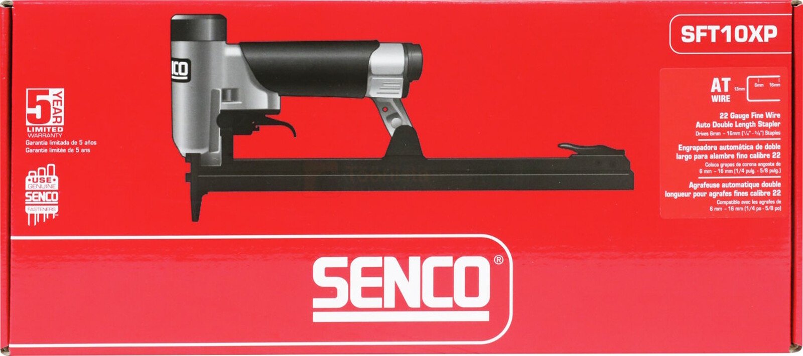 Pildil on punasel taustal SENCO klambripüstoli SFT10XP-AT karp, millel on näha toote pilt.