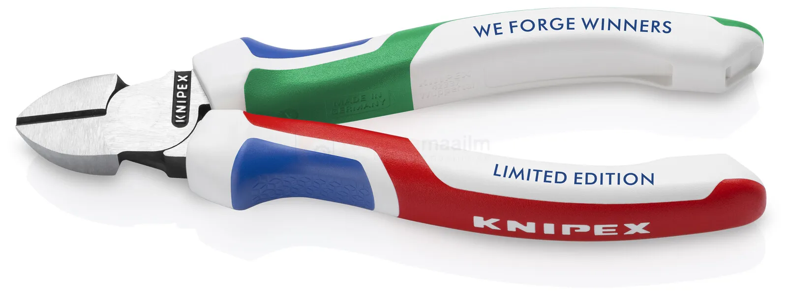 Pildil on näha Knipex Limited Edition külglõiketangid, mille ühel käepidemel on kirjas "WE FORGE WINNERS" ja teisel...