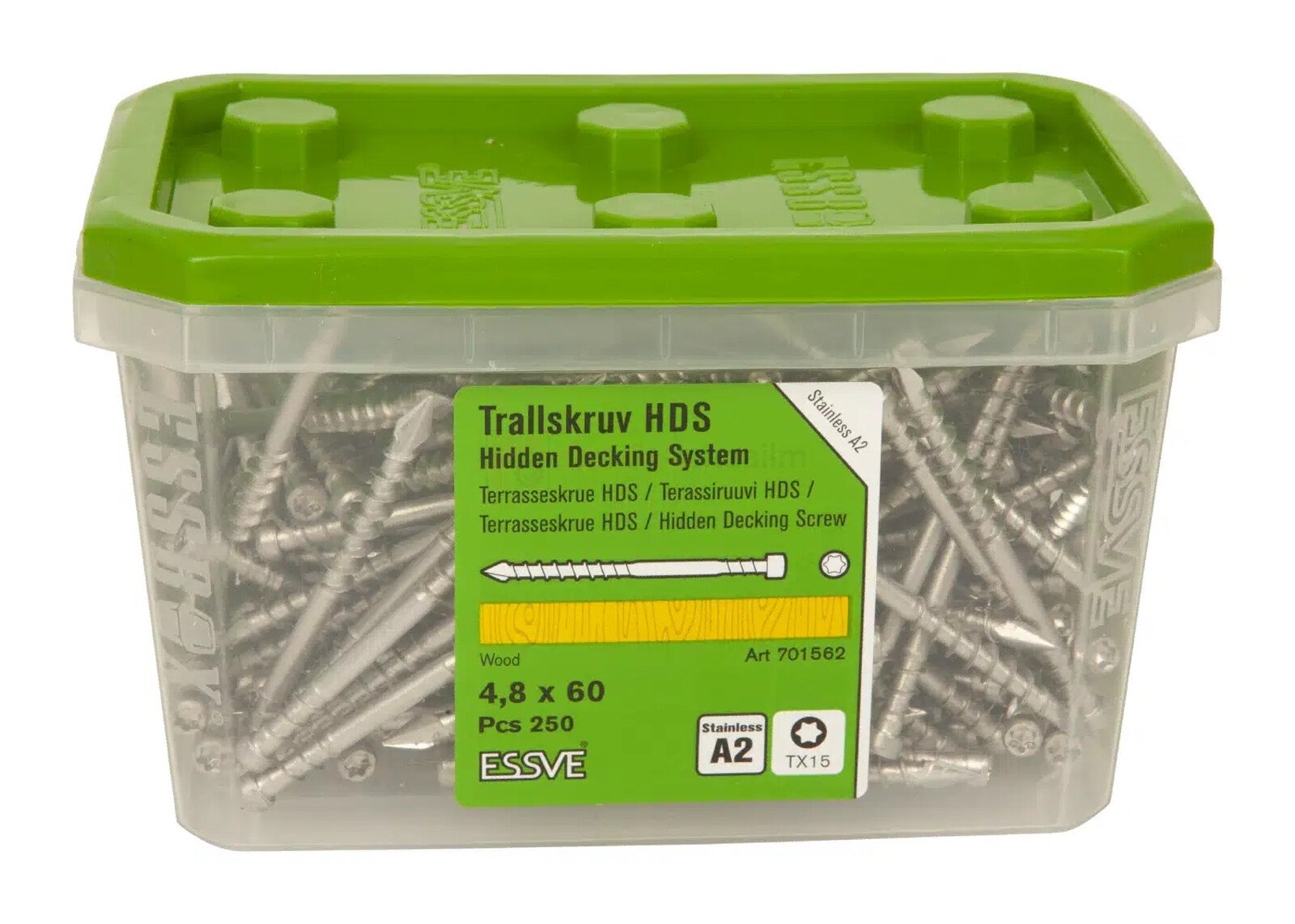 Pildil on Essve terrassikruvide karp, mis sisaldab 4,8 x 60 mm HDS rakisele mõeldud roostevabast terasest kruvisid, kokku...