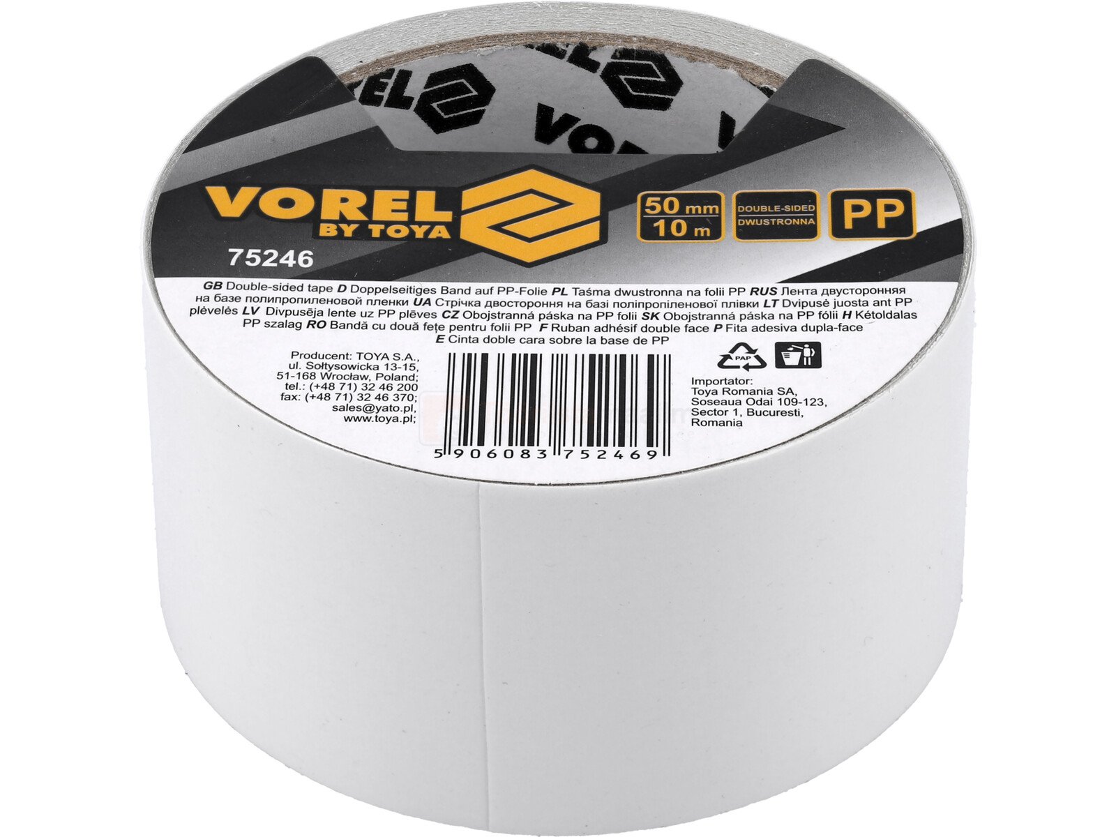 Pildil on valge Vorel kahepoolne teip rull, millel on musta ja kollasega silt.