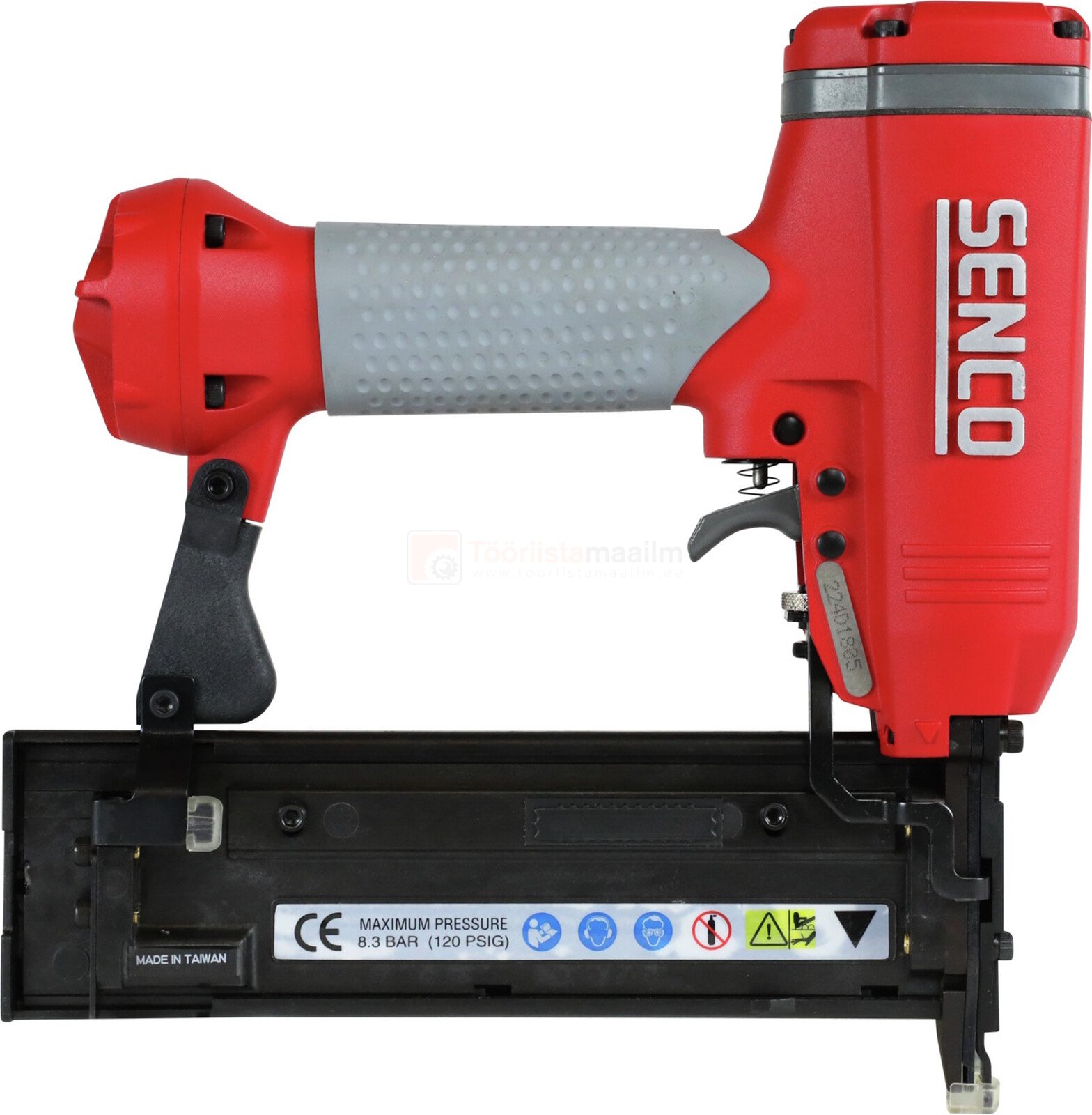 Pildil on punane SENCO FinishPro25XP liistunaelapüstol, millel on hall käepide ja must naelapesa.