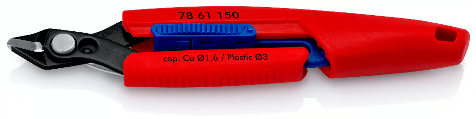 Pildil on näha Knipex külglõiketangid Slim 150 mm, millel on punased käepidemed ja sinine plastikust sisetükk.