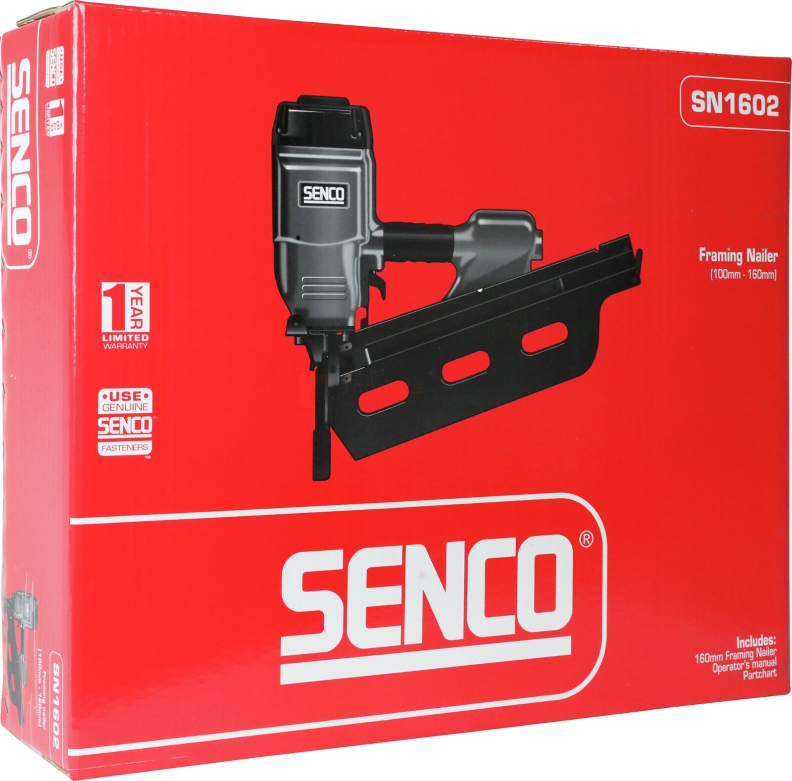 Pildil on punasel taustal SENCO naelapüstoli SN1602 karp, millel on kujutatud naelapüstol ise.