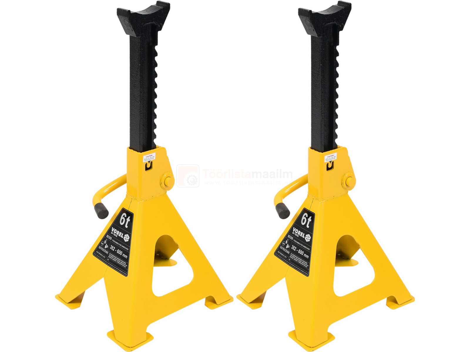Pildil on kaks kollast Vorel autopukki, mille kandevõime on 6 tonni ja kõrgus reguleeritav vahemikus 382-600 mm.