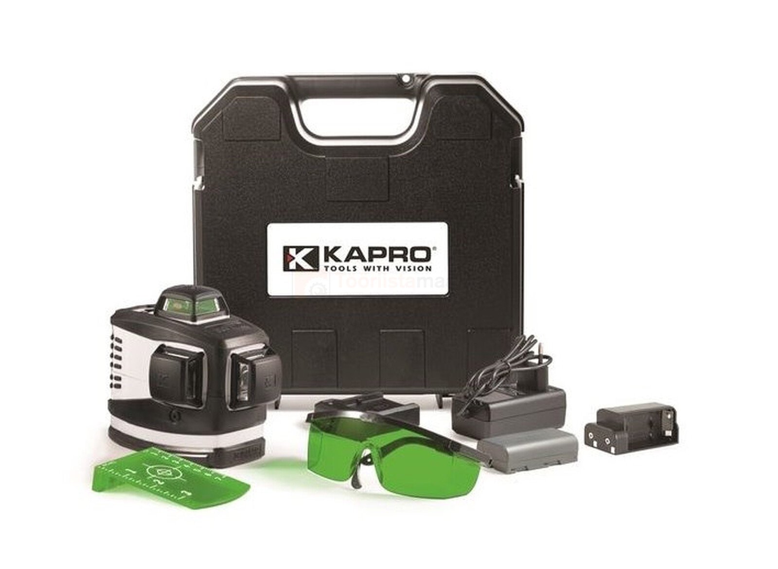 Pildil on Kapro 883HG PROLASER 3D ristlaser koos tarvikutega, nagu kaitseprillid, sihtmärk, laadija ja kohver.