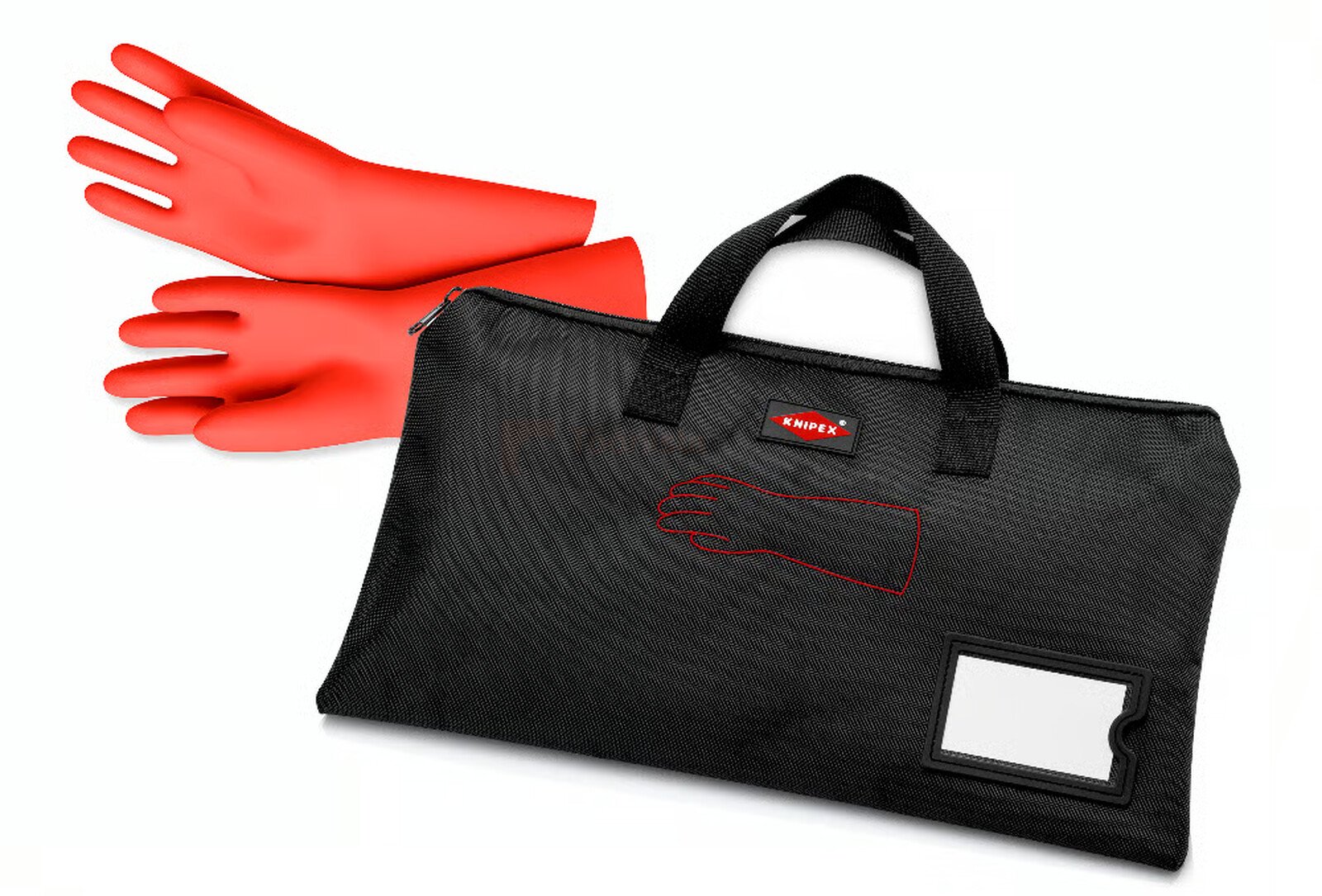 Pildil on must Knipex kaitsekott isoleeritud elektriku kinnastele, mille kõrval on punased isoleeritud elektriku kindad.