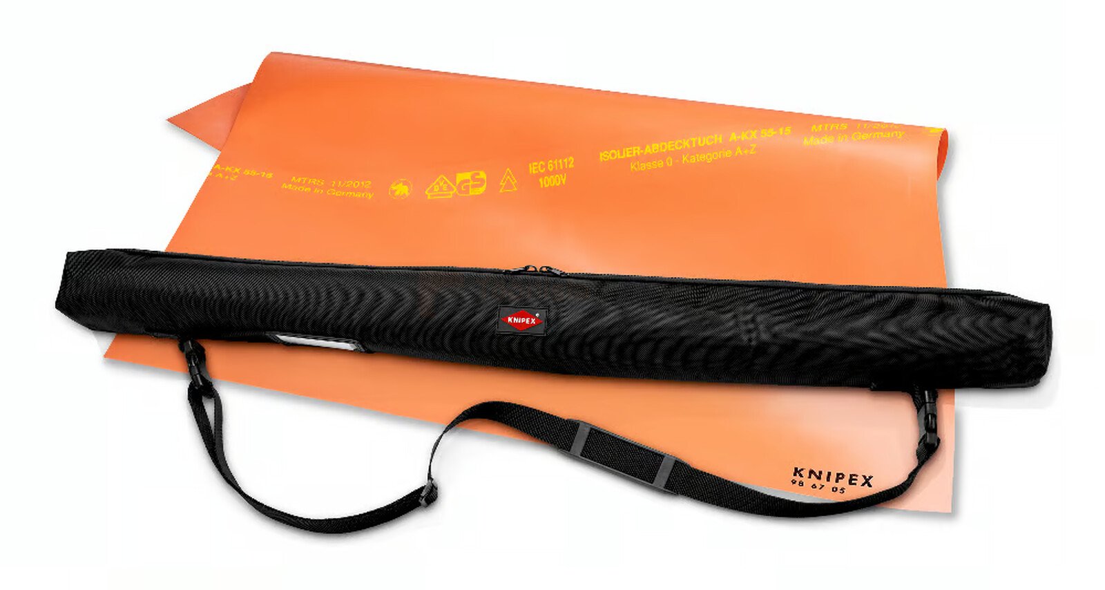 Pildil on Knipex kaitsekott isoleerivale elektriku matile, millega koos on näha ka oranž elektriku matt.