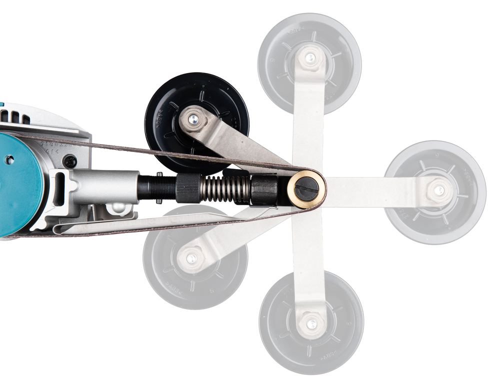 Pildil on ülevalt nähtuna Makita lintlihvmasin 9031, millel on näha lihvlindi mehhanism, pingutusvedru ja erinevad rullid.