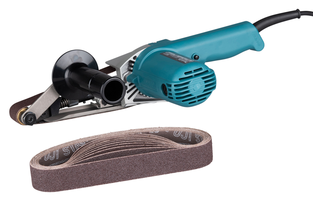 Pildil on Makita 9031 lintlihvmasin ja selle kõrval on näha lihvimisrihma.