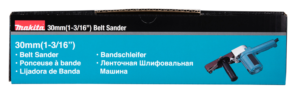 Pildil on sinisel taustal kujutatud Makita lintlihvmasina pakend, millel on näha toote nimetus, kirjeldus ja tööriista pilt.
