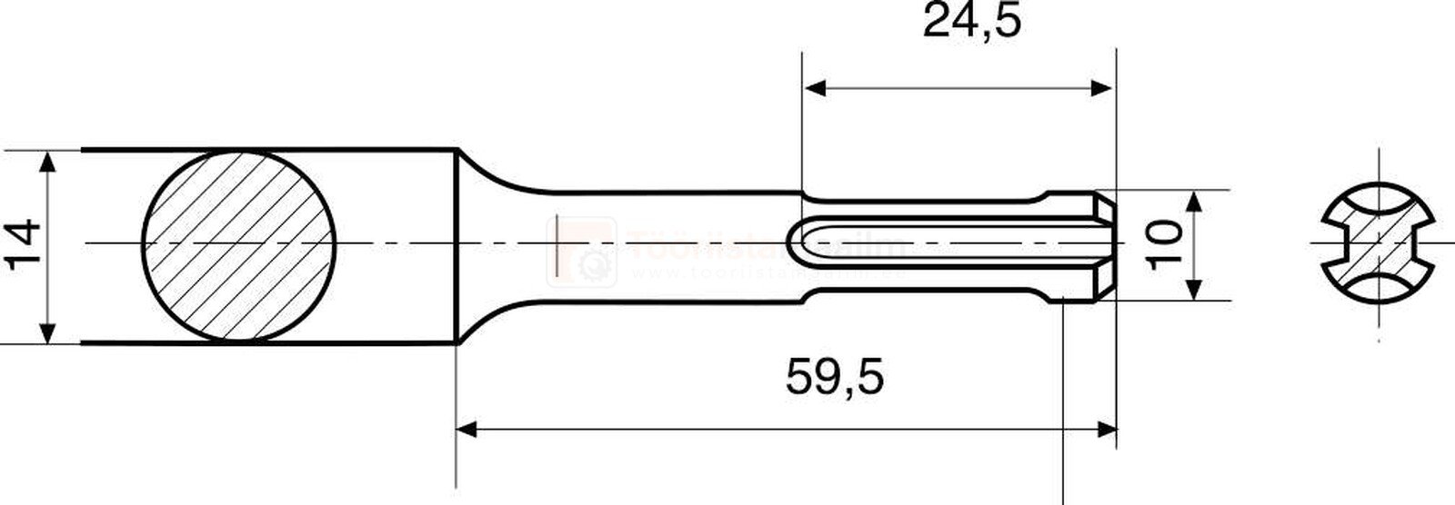 Pildil on Rennsteig teravmeisel 250 mm SDS+ mõõtmetega joonis, mis näitab meisli erinevaid mõõtmeid ja ristlõiget.
