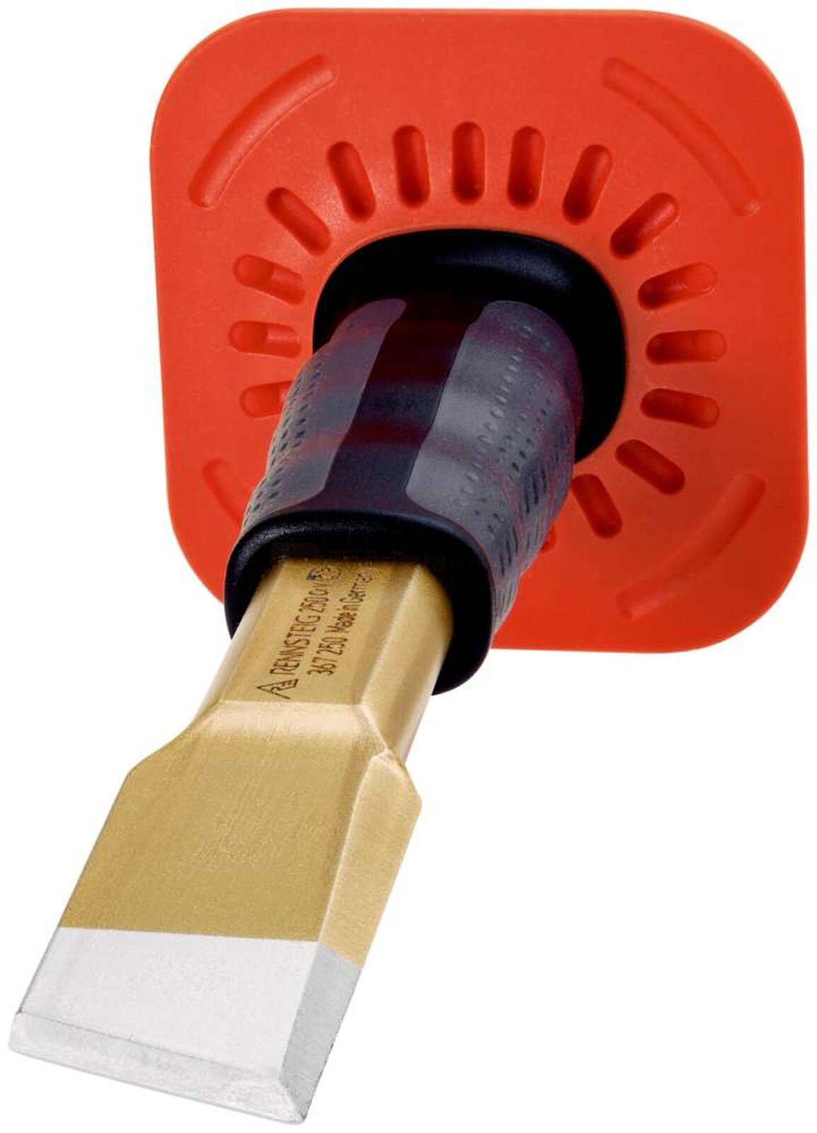 Pildil on Rennsteig elektriku soonemeisel 33 x 250 mm, millel on käekaitse ja millega on näha, kuidas meisel on paigaldatud.