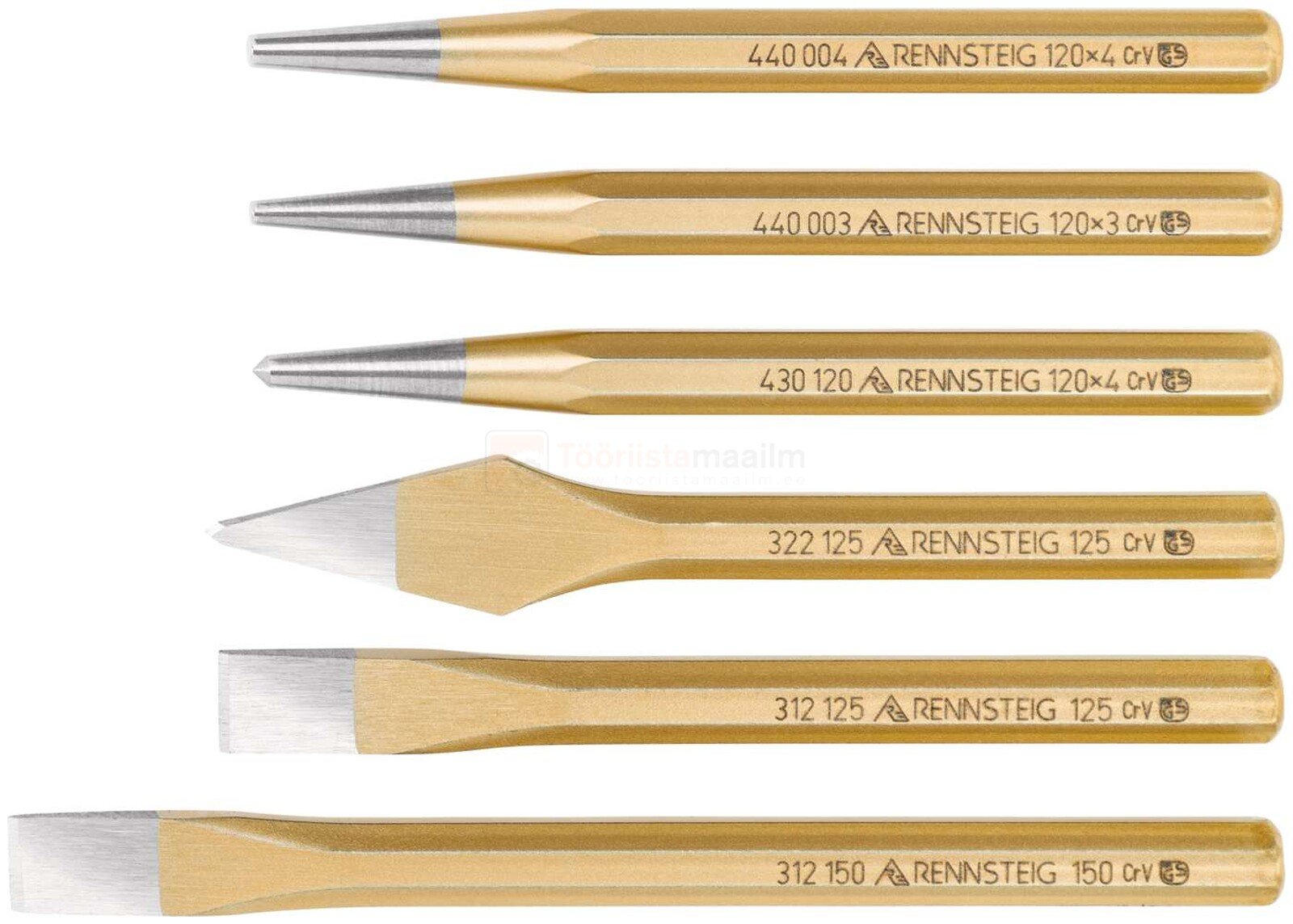 Pildil on Rennsteig meislite ja tornide komplekt, mis sisaldab erinevaid tööriistu, nagu torked, torked ja meislid.