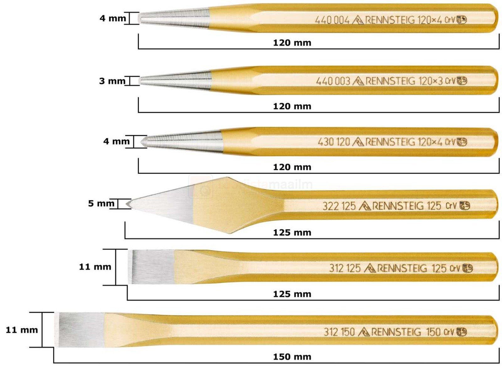 Pildil on Rennsteig meislite ja tornide komplekt, mis sisaldab erineva suuruse ja kujuga meisleid ja torne.