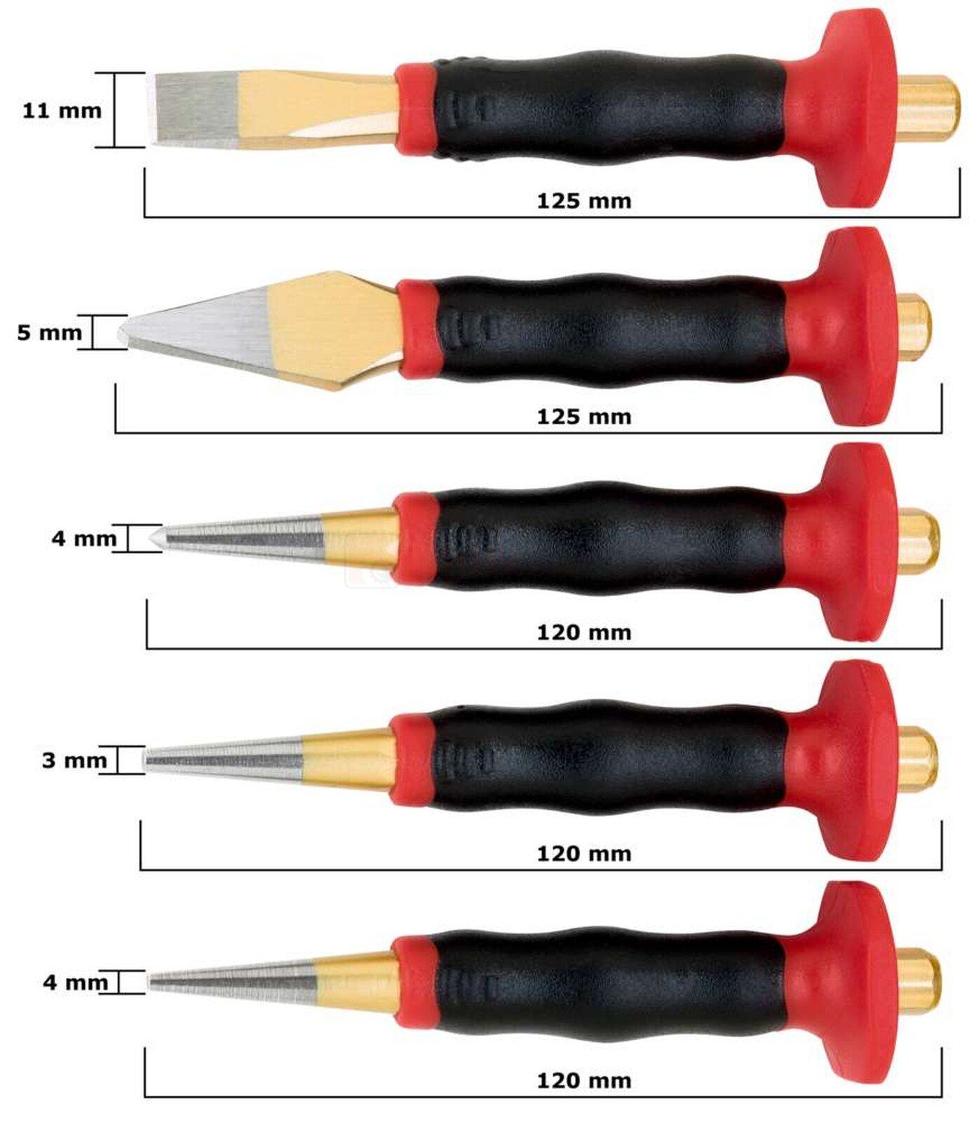 Pildil on Rennsteig meislite ja tornide komplekt, mis koosneb viiest erineva kujuga tööriistast, millel on mustad...