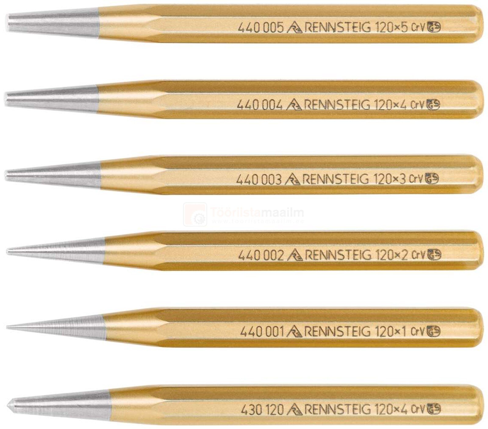 Pildil on Rennsteig koonustornide komplekt, mis koosneb kuuest erineva suurusega tööriistast.