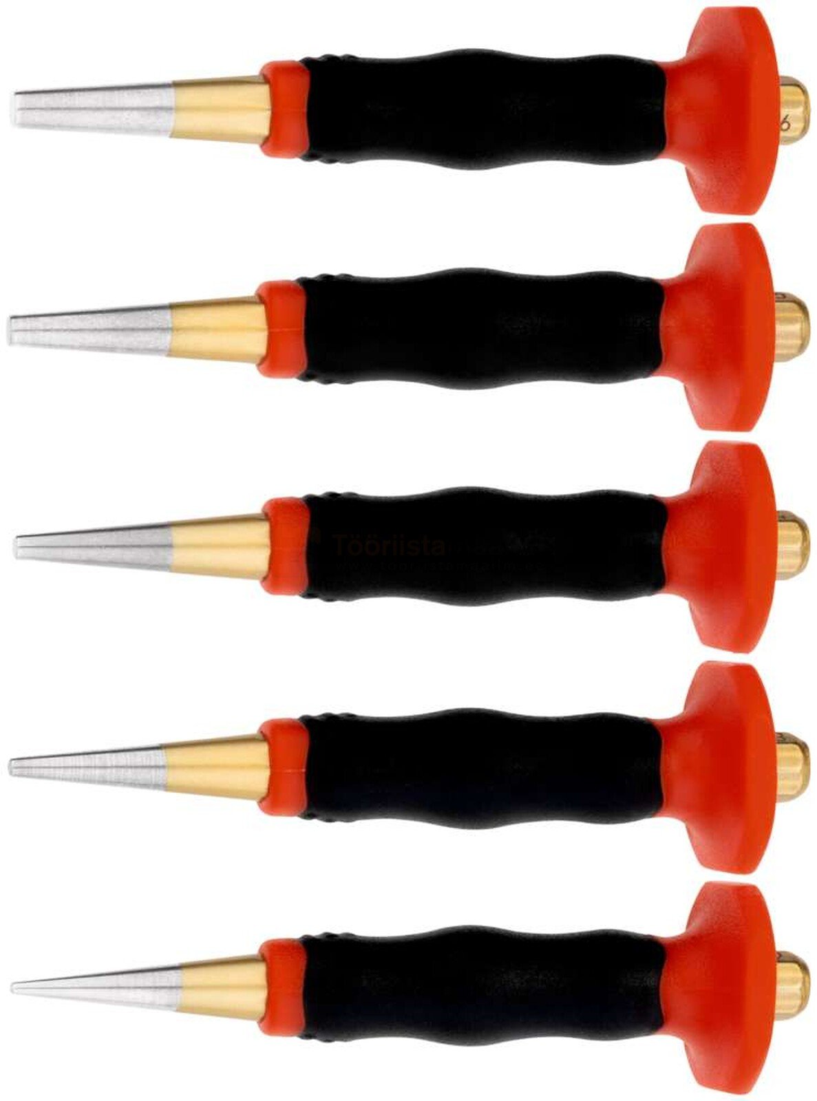 Pildil on Rennsteig koonustornide komplekt, mis koosneb viiest erineva suurusega tööriistast, millel on mustad käepidemed...