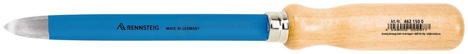 Pildil on Rennsteig kolmnurkne nõgus kraabits, millel on sinine vars ja puidust käepide.