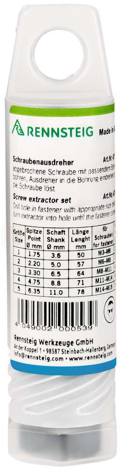 Pildil on Rennsteig murdund poltide väljakeerajate komplekti pakend, mis sisaldab viit erineva suurusega tööriista.