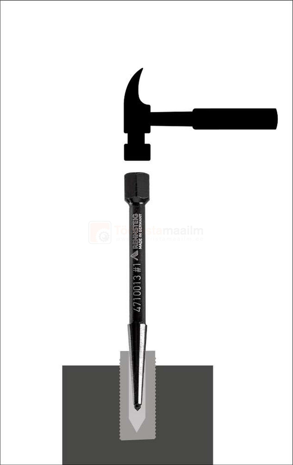 Pildil on näha Rennsteig murdund poltide väljakeerajate komplekti kasutamist, kus haamriga lüüakse väljakeerajat kinni...