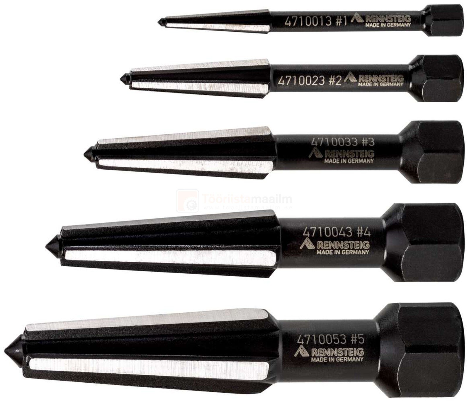 Pildil on Rennsteig murdund poltide väljakeerajate komplekt, mis koosneb viiest erineva suurusega tööriistast.